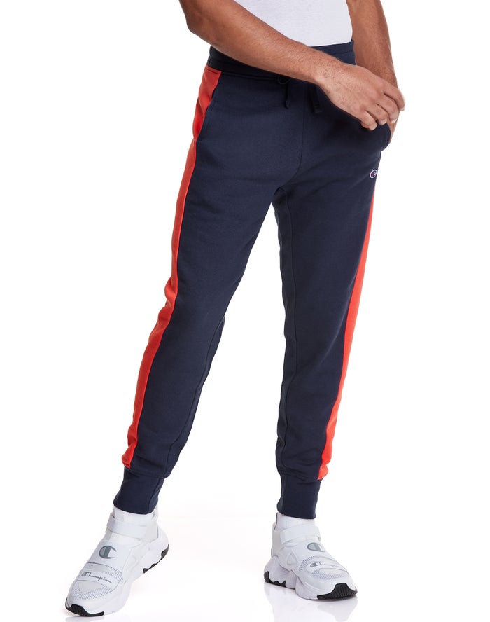 Champion Herre Joggingbukser Mørkeblå/Orange - Colorblock Stripe Fleece - Danmark WOG-895134